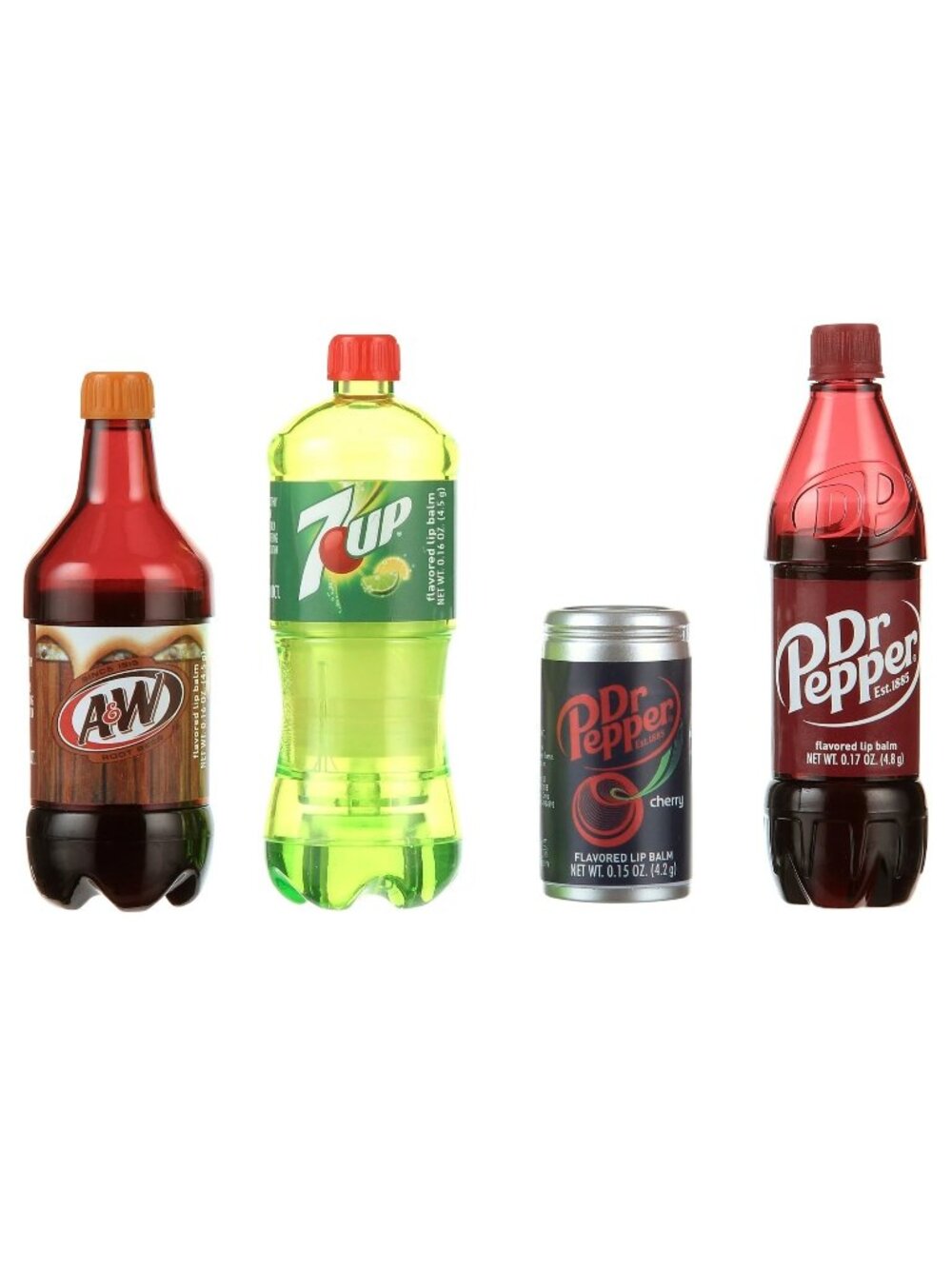 4pc Set Dr. Pepper, 7-up, A&W Vending Machine Lip Balm 3x Bottle + 1x Can Shape